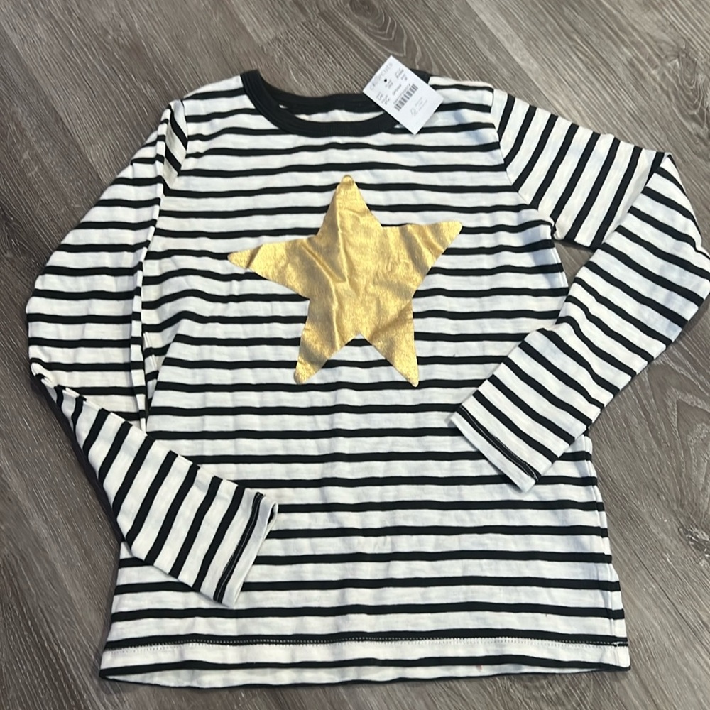 Crewcuts Girls black white stripe long sleeve tee - gold star - medium (8-9)
